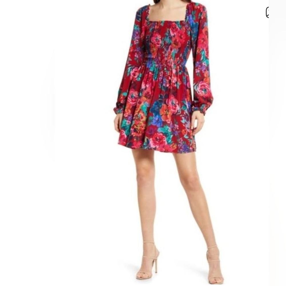 Charles Henry Red and Blue Floral Long Sleeve Dress, Size L.